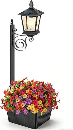 TOWPONICS 2 in 1 Outdoor Flower Pots, 35 Solar Lamp Post Light with Planter, Metal Pole & IP65 Waterproof, Freestanding Outdoor Planters, Decorative Solar Lamp for Outside, Front Door, Yard, 1-Pack