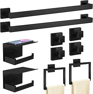 STWWO 10-Piece Matte Black Bathroom Hardware Accessories Set, 24 inch Towel Bar, Stainless Steel Towel Racks for Bathroom, Bath Towel Bar Set Wall Mounted
