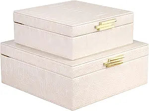 HofferRuffer Square Decorative Boxes, Set of 2 Nesting Storage Memory Keepsake Boxes with Lids, Stylish PU Leather Trinket Jewelry Organizer Box for Home Decor and Storage (CreamWhite Croco)