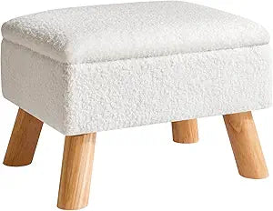 YMYNY Storage Ottoman, Small Foot Stool Ottoman with Storage, Foot Rest with Padded Seat, Teddy Velvet, Sturdy Wood Legs Stool for Living Room Bedroom Couch Enterway, White UHBD042W
