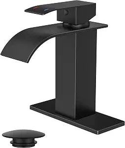 FORIOUS Bathroom Faucet 1 Hole, Waterfall Vanity Sink Faucet Matte Black
