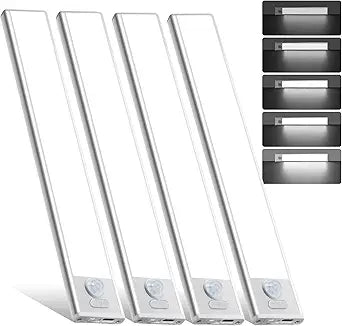 14inch Under Cabinet Lighting, 4 Pack Rechargeable Motion Sensor Light Indoor, Wireless Dimmable Magnetic Closet Lights, 58 LED Under Counter Lights for Kitchen, Wardrobe, Stairs, White Light