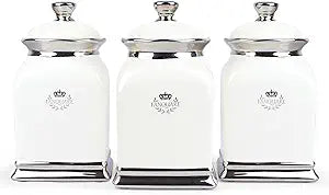 fanquare 30 OZ Cookie Jar, White Kitchen Canisters Set of 3, Farmhouse Porcelain Decorative Jars for Countertop, Ceramic Storage Jar for Coffee, Sugar, Tea Bag