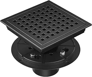 EXF 6-Inch Square Shower Floor Drain Matte Black with ABS Flange