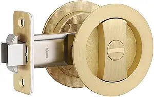 1 Pack Brushed Gold Pocket Door Hardware, Privacy Pocket Door Handles Interior, Keyless Pocket Door Lock for Bedroom Bathroom, Modern Round Bifold/Sliding Door Lock, Left/Right Reversible