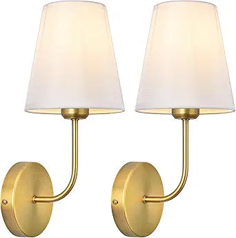 Antique Brass Hardwired Wall Sconce Set of 2 - Gold Finish with White Fabric ShadesBedroom Lighting, Living Room, Farmhouse, Fireplace, Hallway, Bedside Lamp,Bathroom Wall Lights
