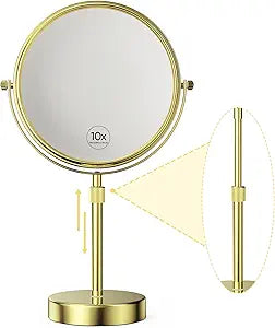 Nicesail Height Adjustable 15~19 Tall Table Mirror, 1X 10X Magnifying Mirror Double Sided for Makeup&Shaving, Desk Vanity Mirror Tabletop 360 Rotation of 8 Face, Bathroom Shiny Gold Makeup Mirror