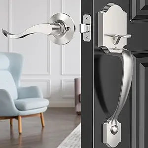 Exterior Door Handle with Classic Reversible Lever - Silver Finish for Right or Left Handed Doors - No Lock - Satin Nickel