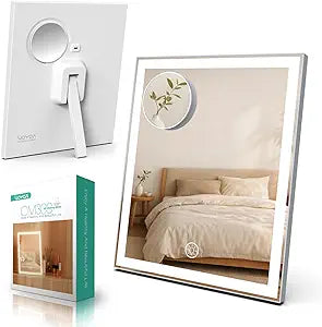 VOYOR Vanity Mirror with Lights, 11.8"x9.8" Rechargeable Makeup Mirror with 3 Color Modes and Smart Touch Control, 10X Magnification, Easy to Clean LED Mirrors for Dressing Table Desk Bedroom, White