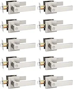 Tinewa 10 Pack Privacy Square Brushed Nickel Door Handles Interior, Keyless Door Knobs for Bedroom/Bathroom, Reversible for Left Right Handed Doors