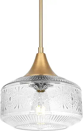 Vintage Gold Pendant Light with Clear Glass, Adjustable Kitchen Pendant Lighting over Island, Brushed Pendant Lights Kitchen Island, Dual Mount Ceiling & Hanging Fixtures with 90 Swivel for Decor