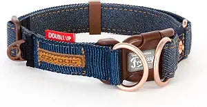 EzyDog Double Up Dog Collar  Double D-Rings for Superior Strength, Safety, and Comfort  Nylon Dog Collar with Reflective Trim and ID Attachment Point (Large, Denim)