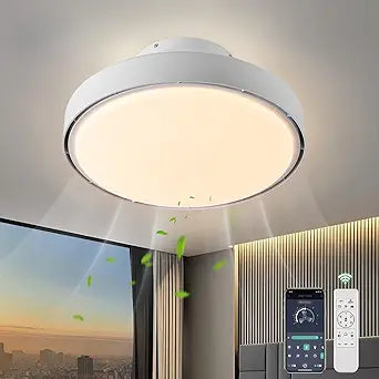 AHAWILL Low Profile Ceiling Fan with Light,18.9" Bladeless Flush Mount Ceiling Fan with Remote,6 Speeds,Reversible,Dimmable Modern Enclosed Ceiling Fans for Bedroom Living Room,White