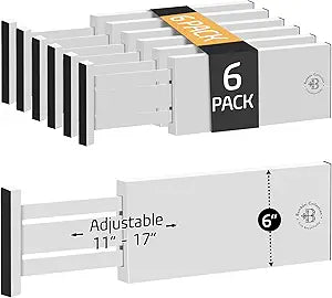 6-Pack Drawer Dividers - 6 Inches High, Adjustable 11 to 17 Inches Bamboo Drawer Organizer, Large Expandable Separator for Clothes, Dresser, Bedroom, Bathroom, Baby, Office, Kitchen Utensil, White