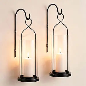 Set of 2 Black Wall Candle Sconces Decor Wall Candle Holder for Pillar Candles - Modern Metal Hurricane Lantern Decoration for Indoor Porch Fireplace Bathroom Living Room