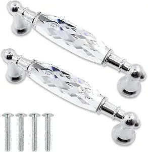 2-Pack 3.78'' Glass Dresser Drawer Handles/Clear Pulls Knob Chrome Metal/Silver Modern Crystal Cupboard Cabinet Handle Pull Knobs 96mm (2, 3.78" Hole Center Style A)