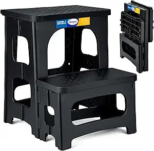 Korpai Folding 2 Step Stools,8" & 17" Dual Heights,Folding Step Hold up to 250 lbs,Step Stools for Adults and Kids,Step Stool for Dorm Bed,Kitchen Bedroom Office,Truck ect,Black