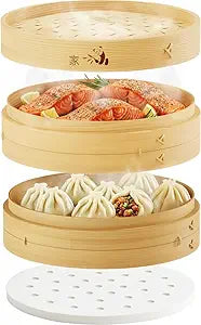 Prime Home Direct Bamboo Steamer Basket 10-Inch | 2-Tier Steamer for Cooking | 50 Liners, Chopsticks, Sauce Dish | Steaming Asian Food, Bao Buns, Chinese, Dim Sum, Dumpling, Rice, Vegetable Steam Pot