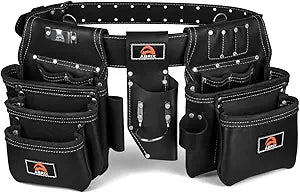 ABRIX Heavy Duty Tool Belt for Men  4MM Thick Genuine Leather, Brass Buckle & Rivets | Foam Padded Comfort | 28-Pocket Carpenter & Framing Rig | Fits Waist 32 to 52 Inches | Professional Work Belt