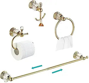 WOLIBEER Gold Bathroom Accessories, Brass Crystal Towel Bar Set Toilet Paper Holder Towel Ring Robe Hooks 4 Pieces Wall Mounted