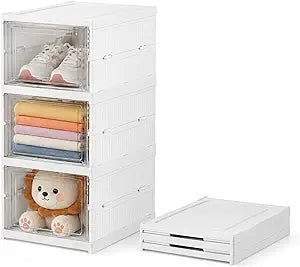 Clear Shoe Boxes Stackable, 3-Second Setup Foldable Shoe Storage Organizer, Heavy Duty Plastic Drop Front Shoe Bins for Closet Organizers and Storage, Fits US Size 13 Sneakers & Sweaters
