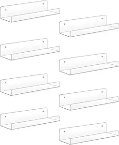 Sooyee Acrylic Shelves,8 Pack 15 Inch Floating Wall Mounted Shelves, Funko Pop Display Case,Invisible Kids Book Shelf,Picture Ledge Shelf Decor Accents,Bathroom Shelf,Clear