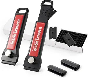Gomake Plastic Razor Blade Scraper Tool with Blade Container 2PCS Razor Scraper with Extra 100PCS Plastic Blades for Adhesive Labels and Decals Sticker Removal on Car Window Glass Floor (W80)