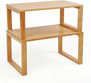 JinDoWin Bamboo Kitchen Cabinet Organizer Shelf | Stackable & Expandable Shelf Organizer | Pantry organizers and storage | Spice Rack Organizer for Cabinet, Holds Dishes & Tableware (2, W11.8)