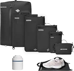 6 Set Vacuum Bags for Travel, Professional IPX8 Reusable Organizer, Compression Packing cube for Suitcases, Durable Seal Space Saver Bags -Traveling/Skiing Essentials (Black with Pump)