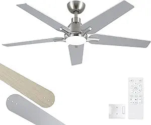52 Inch Ceiling Fans with Lights: Brushed Nickel Ceiling Fan with Light and Remote for Bedroom Living Room Dining room Patio, 3CCT Dimmable 6 Speeds Reversible Quiet DC Motor