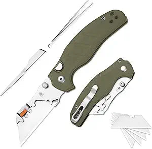 Kizer C01C Uti 2 (Tool-Free Version) Utility Knife, Button Liner Lock Box Cutter Pocket Knife with 5PCS Razor Blades, Thumb Stud Folding Knives with Green G10 Handle for Men Women V3488.29JNM1