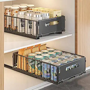 YunNasi Pull Out Cabinet Organizer Slide Out Drawer Storage Shelves Cupboard Organiser Sliding Cabinet Basket for Kitchen No Drilling and Nailing (Black, 2Piece 9.8" W X 15" D X 3.9" H)