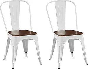 AC Pacific Stackable Metal Dining Chairs Set of 2 for Indoor and Outdoor Use, Durable Stacking Seat, Farmhouse Kitchen, Bar, Patio, Bistro, Cafe, Industrial Style, 2pcs, High Gloss White/Wooden Base