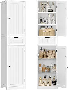 TEENFON 67" H Tall Bathroom Cabinet with 2 Doors & 1 Drawer, Narrow Bathroom Storage Cabinet with Adjustable Shelves, for Living Room, Entryway, Kitchen, White