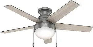Hunter 46 inch Indoor Ceiling Fan with LED Light - Ceiling Fan with Pull Chain, For Bedroom, Living Room, or Kitchen, Low Profile Mount, No Remote, 5 Blades - Anslee 59270, Matte Silver