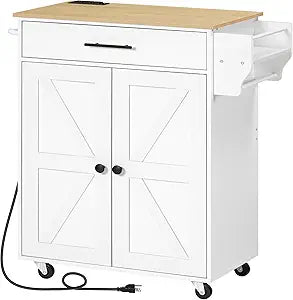 HOOBRO Kitchen Island with Power Outlet, Rolling Kitchen Island with Large Worktop, Kitchen Island Cart with Spice Rack and Drawer, Island Table for Dining Room, White and Natural WN88UZD01