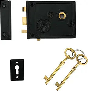 Black Powder Coated Horizontal Iron Rim Lock  Weather Resistant & Durable for Doors, Cabinets, & Cupboards and Sheds, Complete Locking Set with Vintage Style & Secure Operation