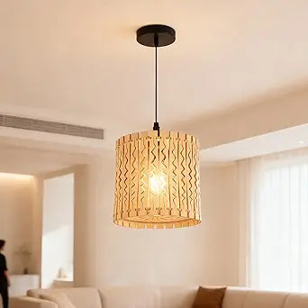Farmhouse Natural Wood Drum Pendant Light, 1-Light Rural Ceiling Hanging Lamp Lighting Fixture with 7" Lampshade, Boho Chandelier for Kitchen Island Hallway Dining Room