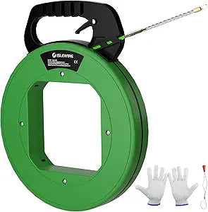 125 ft Electrical Fish Tape Wire Puller, 3/16-Inch PET Non-Conductive Cable Puller Tool with Steel Leader and Ergonomic Handle for Wall & Conduit Cable Pulls, Green