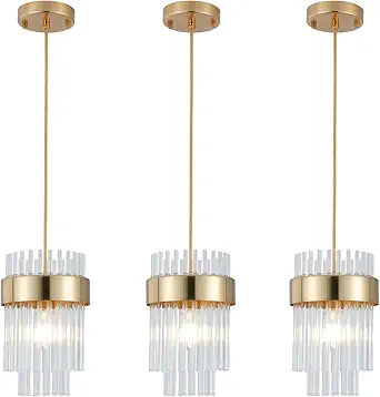 Dijiahua Pendant Lights Kitchen Island Gold 3 Pack,Crystal Pendant Light Fixtures Over Table, Mini Brass Dining Room 1-Light Chandelier,Modern Adjustable Cord Hanging Lamp for Bedroom,Sink
