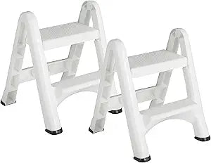 Rubbermaid FG420903WHT EZ Two Step Durable Folding Plastic Ladder Step Stool with Skid Resistant Foot Pads, White (2 Pack)