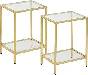 Gawicpy Modern 2-Tier Tempered Glass End Table - Stylish Black Metal Side Table for Small Spaces, Perfect for Living Room & Bedroom (Gold, 2PCS)