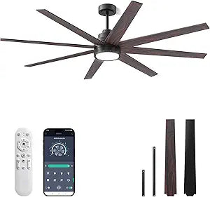 AKOFUN 72 Inch Ceiling Fans with Lights and Remote, Modern Large 8 Blade Ceiling Fan Light, Wide-Angle Customized, Up to 6500K Dimmable LED, Reversible Quiet DC Motor, 6 Speeds, Timer, Indoor/Outdoor
