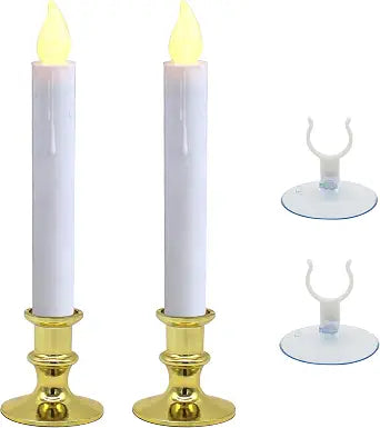 CVHOMEDECO. Window Candles with Suction Cups, Battery Operated LED Taper, Auto On/Off, Removable Gold Base, Flickering Warm Orange Flameless Lights Decor. (2 Pack)