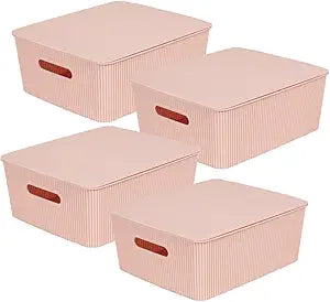 Glad Storage Baskets with Lids - Set of 4 Stackable Plastic Boxes with Handles - Decorative Shelf Organizer Bins for Bathroom and Closet, Pink, 3.1 Gallon