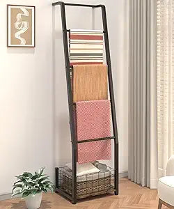 6.3ft Blanket Ladder with Storage Basket, 5 Tier Decorative Ladder Shelf Stand for Living Room & Bedroom, Wall-Leaning Blanket Holder Quilt Rack for Home Dcor, Rustic Brown & Black