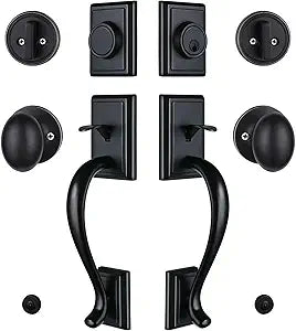 Matte Black Double Door Handleset, Keyed & Dummy Exterior Door Handle with Deadbolt&Knob, Reversible for Left&Right Handed, 2013DBSET
