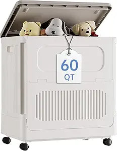 HAIXIN Flip-top Storage Bin with Lid - 60 QT Plastic Storage Box with Wheels 14.8 Gal Stackable Closet Organizer for Clothes Blanket Movable Storage Organization for Laundry, Cream White