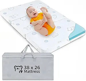 3" Tri-Fold Pack and Play Mattress, Dual Sided Firmness for Infant Safety & Toddler Comfort, 38x26 Portable Travel Mattress with Storage Bag, Washable Cover, CertiPUR-US Certified