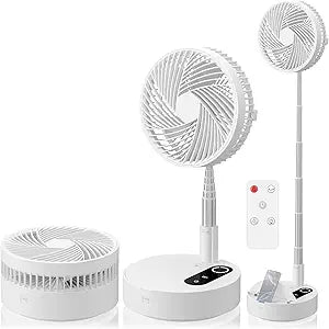 9.5" Portable Standing Oscillating Fan with Remote - 10000mAh Rechargeable Battery Tall Floor Foldable Travel Fan for Sleeping - Pedestal Stand up Folding Fan for Home Bedroom (White)